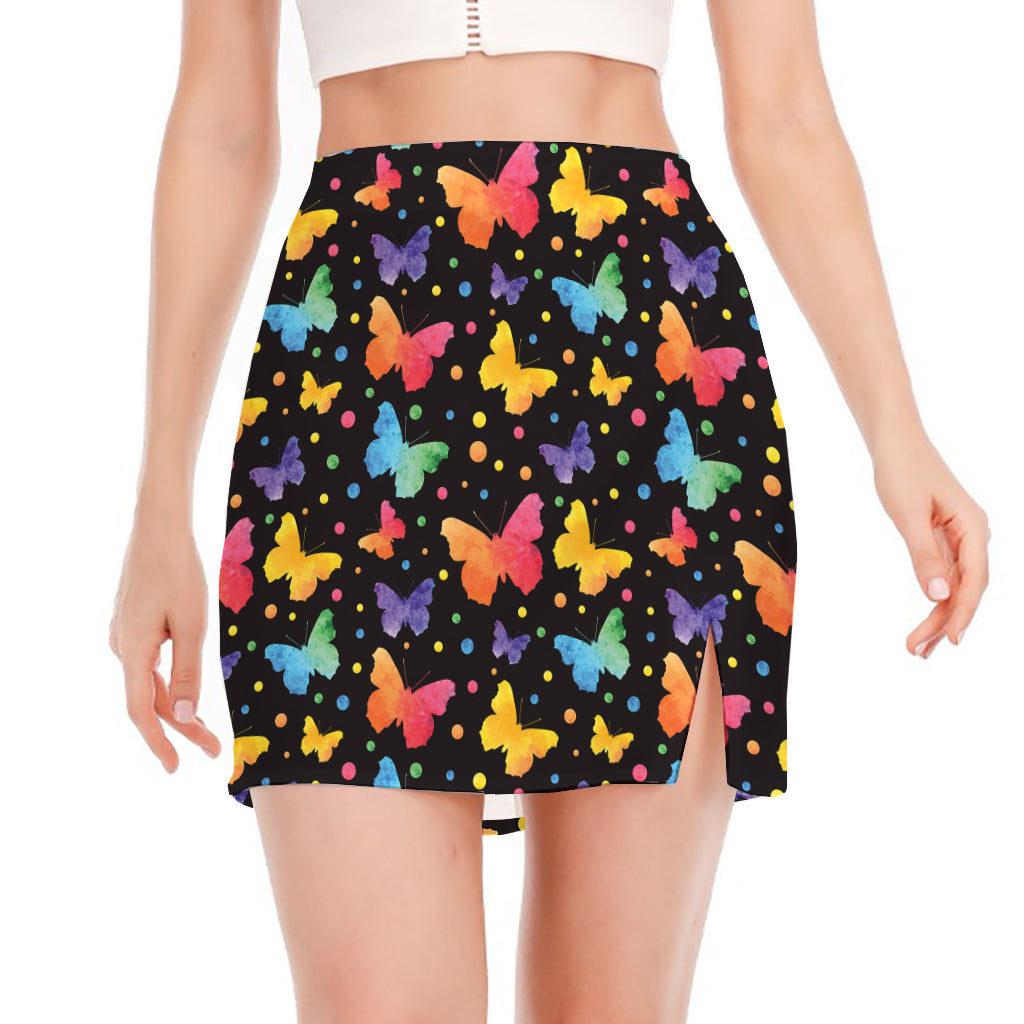 Colorful Watercolor Butterfly Print Side Slit Mini Skirt