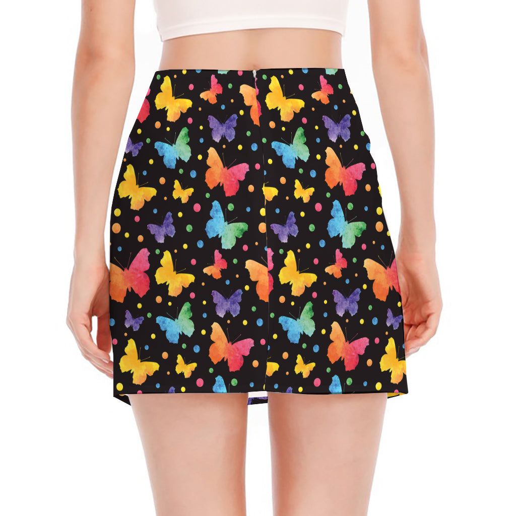 Colorful Watercolor Butterfly Print Side Slit Mini Skirt