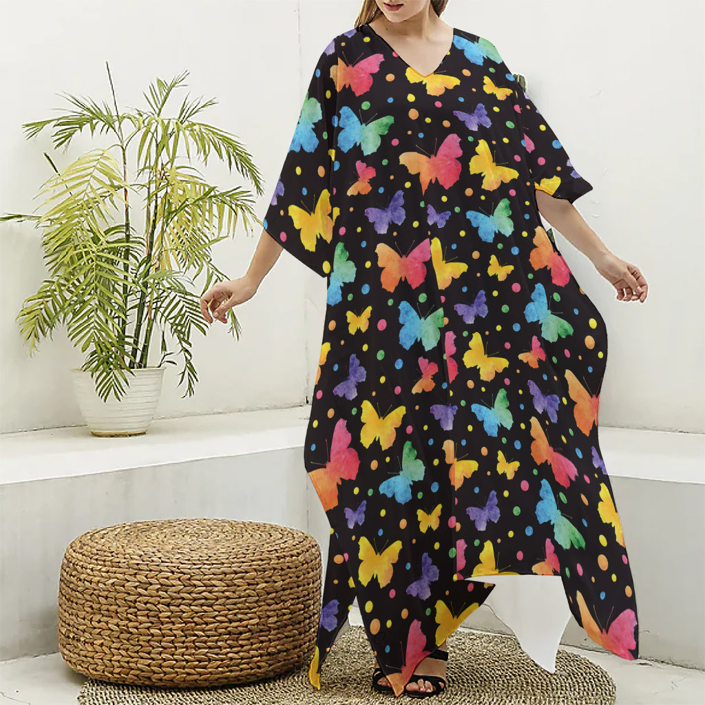 Colorful Watercolor Butterfly Print Silk V-Neck Kaftan Dress