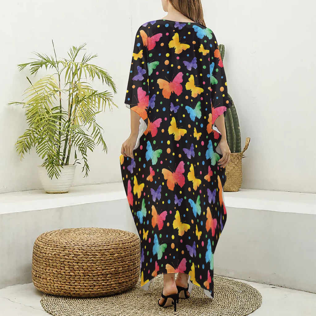 Colorful Watercolor Butterfly Print Silk V-Neck Kaftan Dress