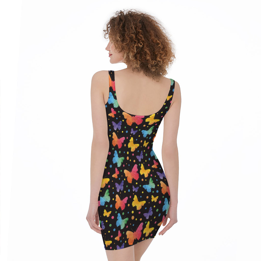 Colorful Watercolor Butterfly Print Sleeveless Bodycon Dress