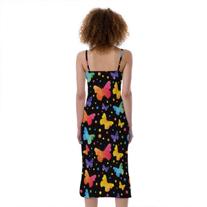 Colorful Watercolor Butterfly Print Slim Fit Midi Cami Dress