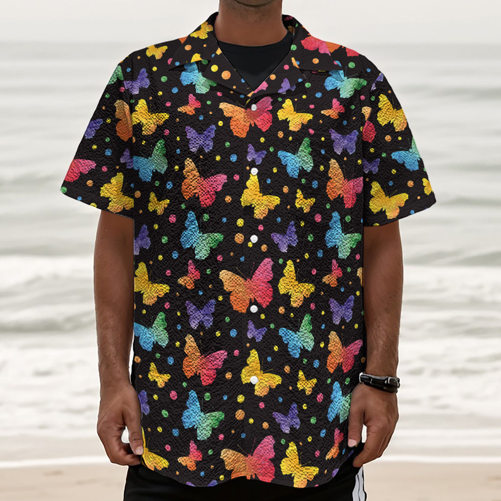 Colorful Watercolor Butterfly Print Textured Short Sleeve Shirt