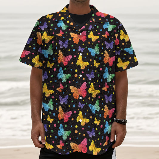 Colorful Watercolor Butterfly Print Textured Short Sleeve Shirt