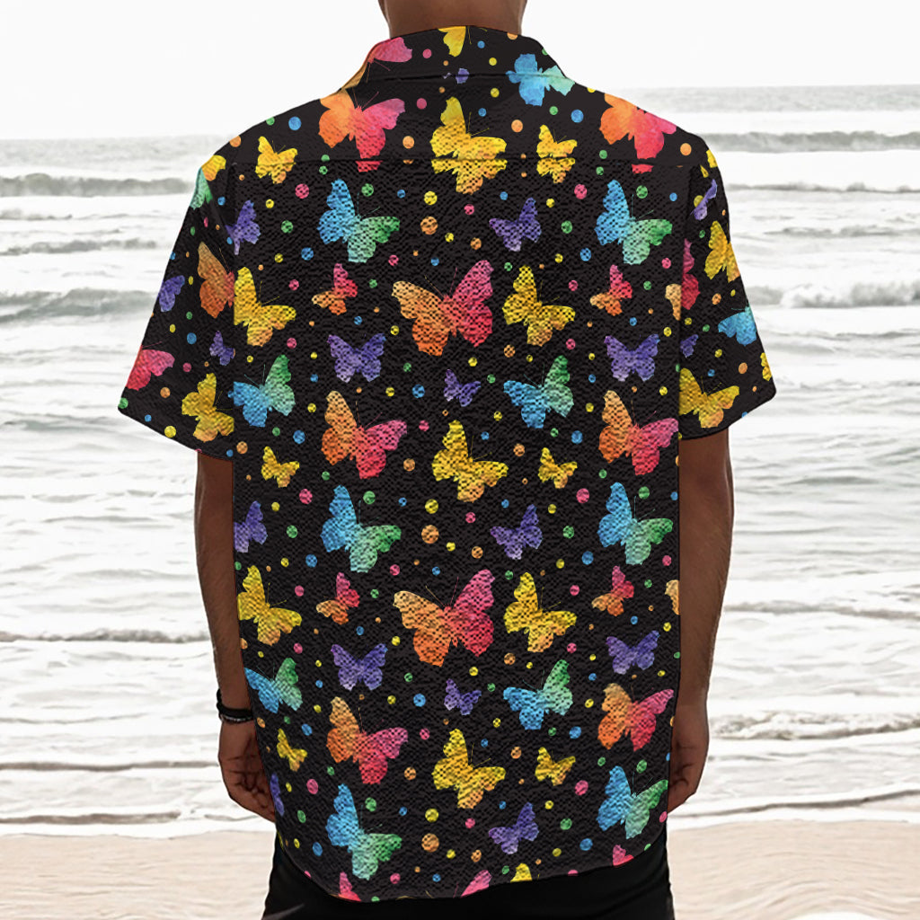 Colorful Watercolor Butterfly Print Textured Short Sleeve Shirt