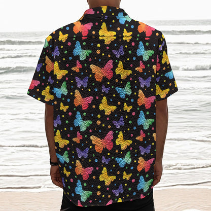 Colorful Watercolor Butterfly Print Textured Short Sleeve Shirt