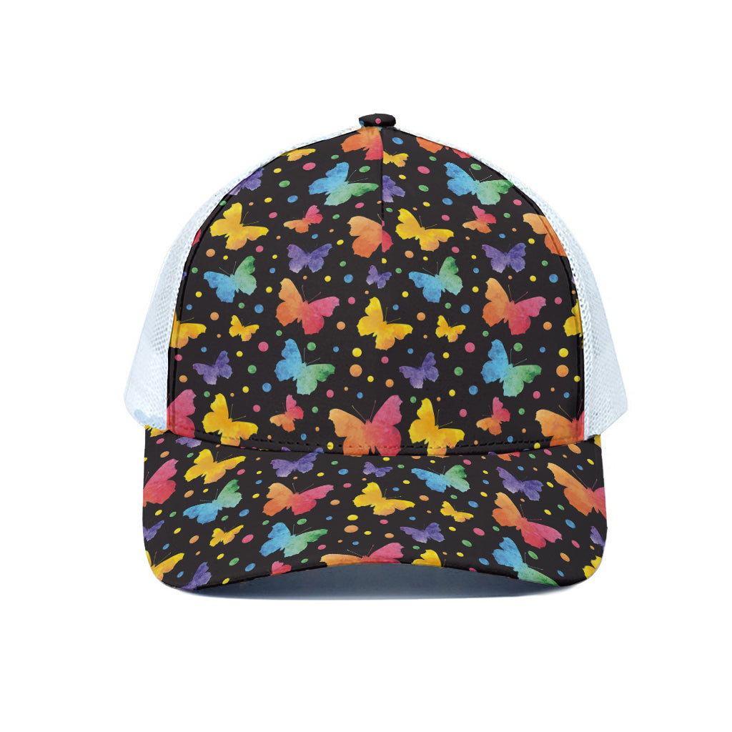 Colorful Watercolor Butterfly Print White Mesh Trucker Cap