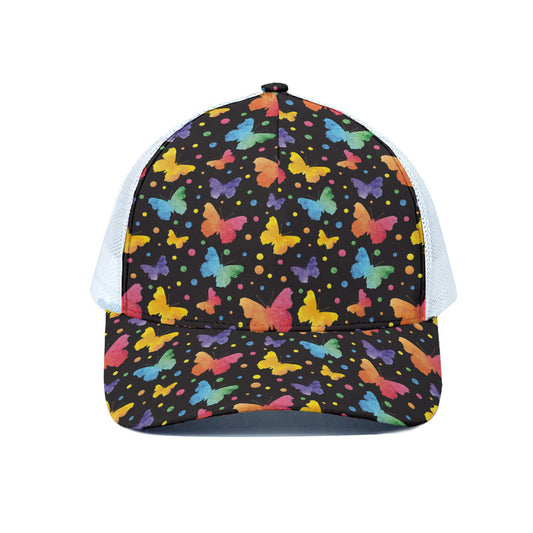 Colorful Watercolor Butterfly Print White Mesh Trucker Cap