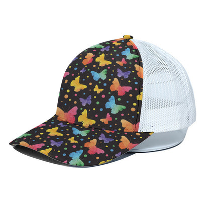Colorful Watercolor Butterfly Print White Mesh Trucker Cap