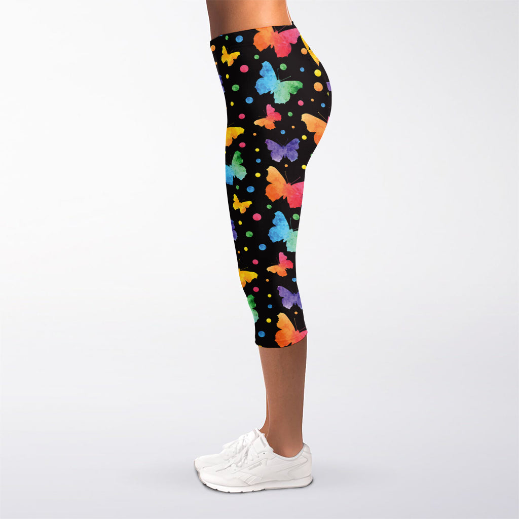 Colorful Watercolor Butterfly Print Women's Capri Leggings