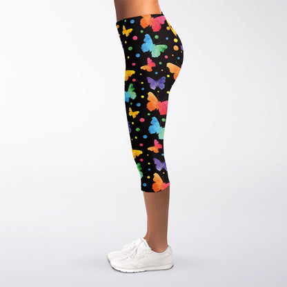 Colorful Watercolor Butterfly Print Women's Capri Leggings