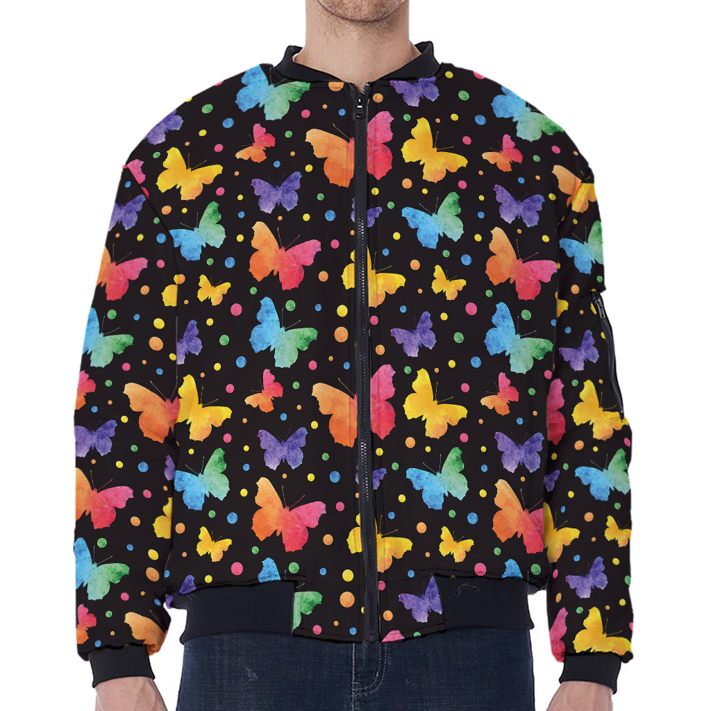 Colorful Watercolor Butterfly Print Zip Sleeve Bomber Jacket