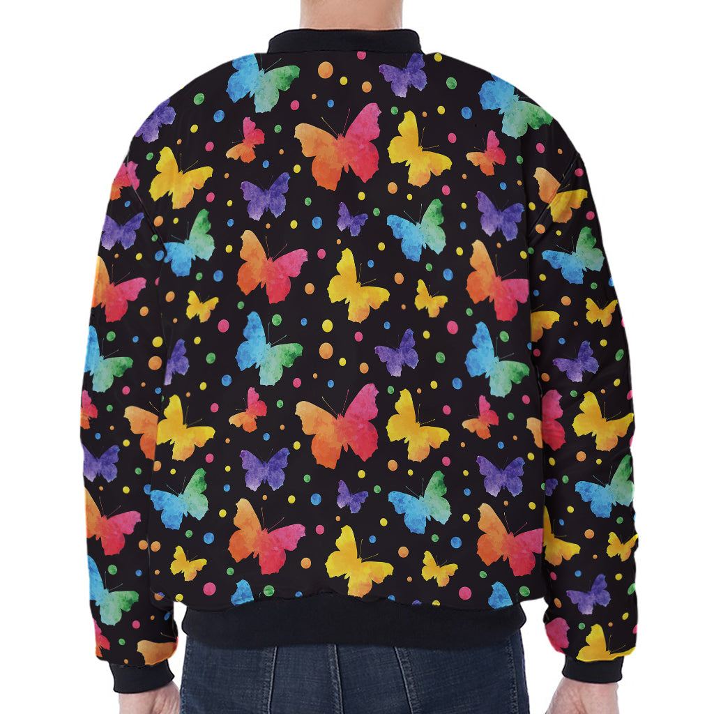 Colorful Watercolor Butterfly Print Zip Sleeve Bomber Jacket