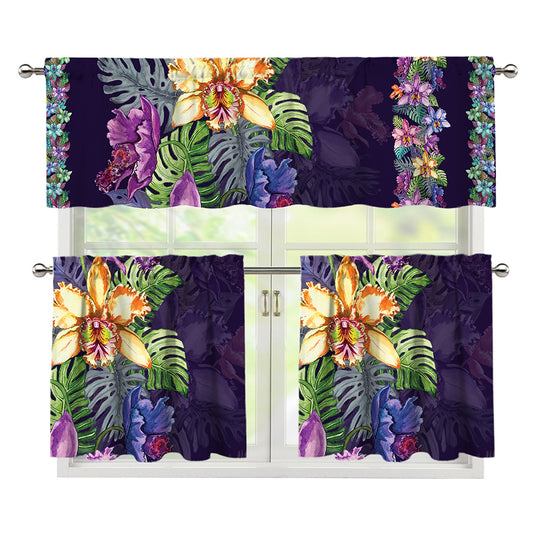 Colorful Watercolor Cattleya Print 3 Piece Kitchen Curtains