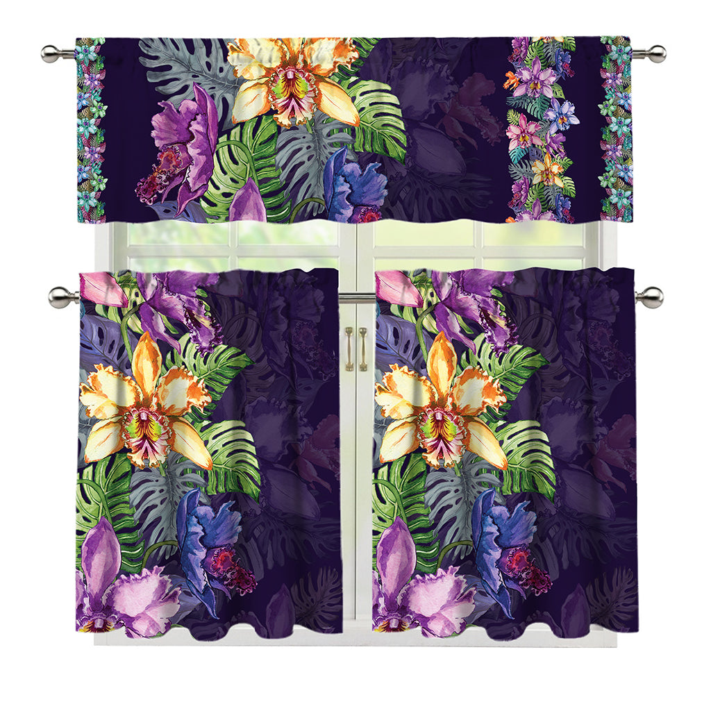 Colorful Watercolor Cattleya Print 3 Piece Kitchen Curtains