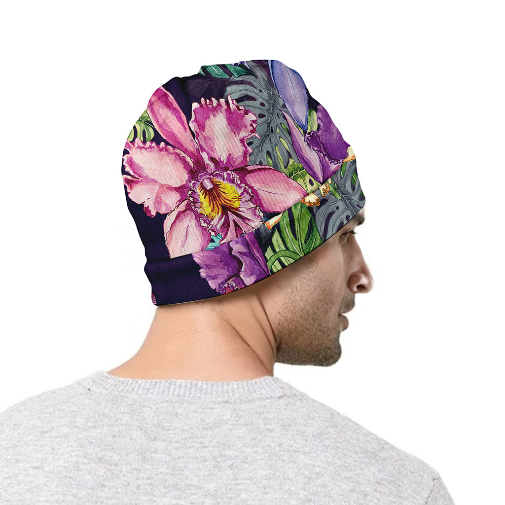 Colorful Watercolor Cattleya Print Beanie