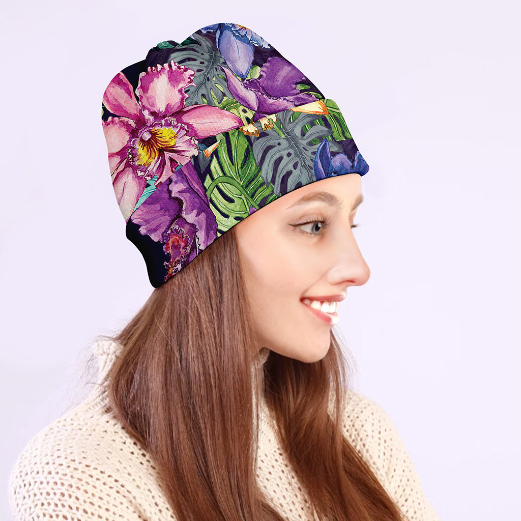 Colorful Watercolor Cattleya Print Beanie