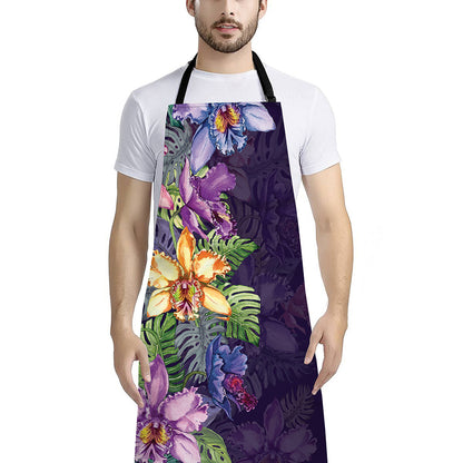 Colorful Watercolor Cattleya Print Bib Apron With Pocket