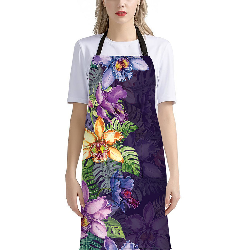 Colorful Watercolor Cattleya Print Bib Apron With Pocket
