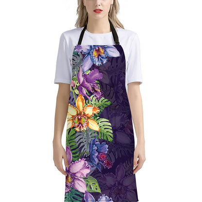 Colorful Watercolor Cattleya Print Bib Apron With Pocket