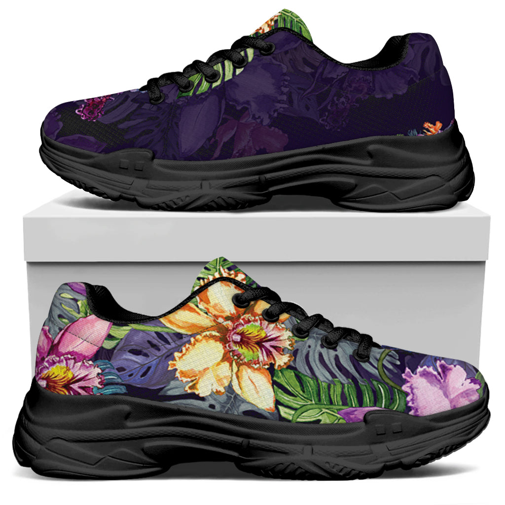 Colorful Watercolor Cattleya Print Black Chunky Shoes