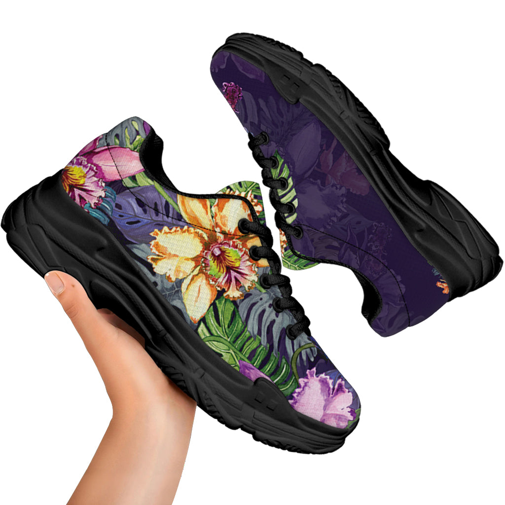 Colorful Watercolor Cattleya Print Black Chunky Shoes
