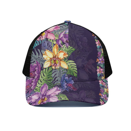 Colorful Watercolor Cattleya Print Black Mesh Trucker Cap