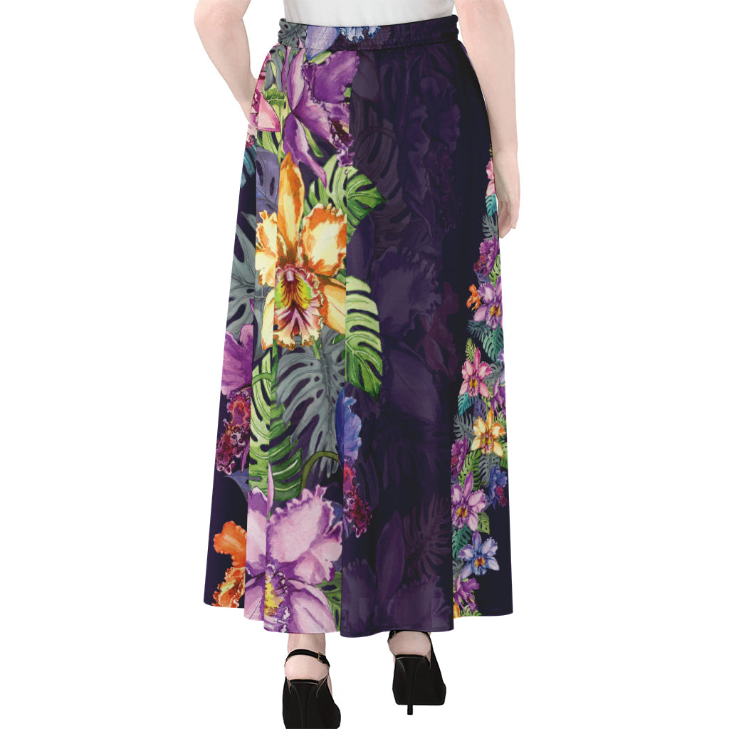 Colorful Watercolor Cattleya Print Chiffon Maxi Skirt
