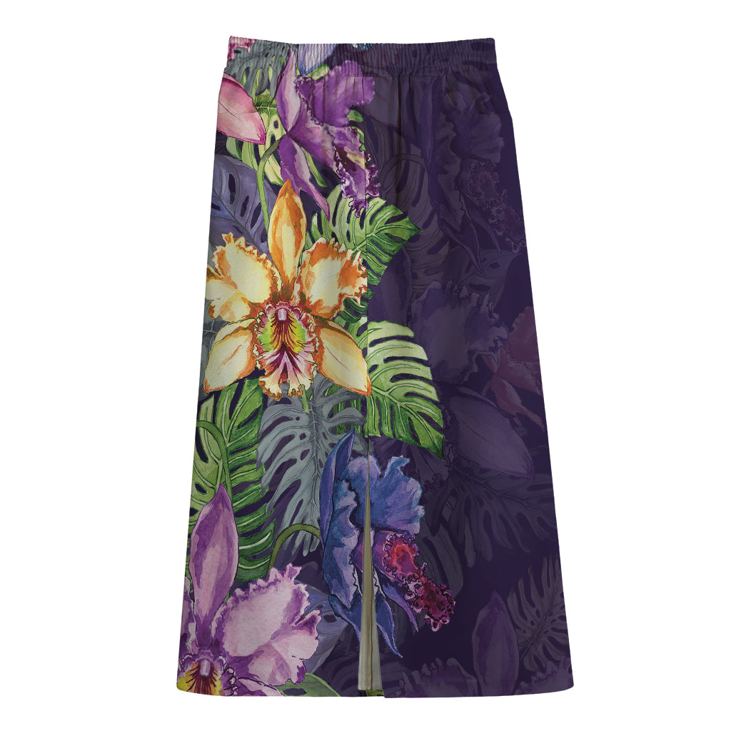 Colorful Watercolor Cattleya Print Cotton Front Slit Maxi Skirt
