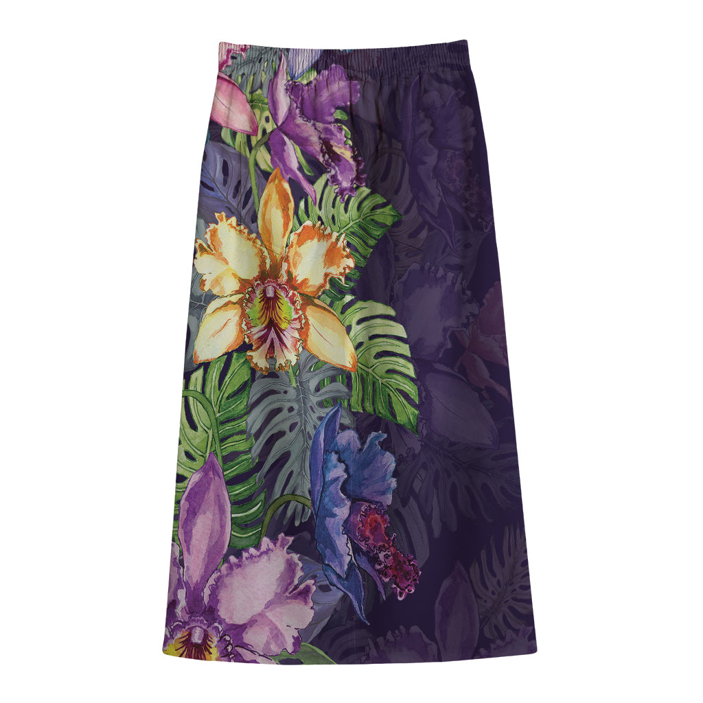 Colorful Watercolor Cattleya Print Cotton Front Slit Maxi Skirt