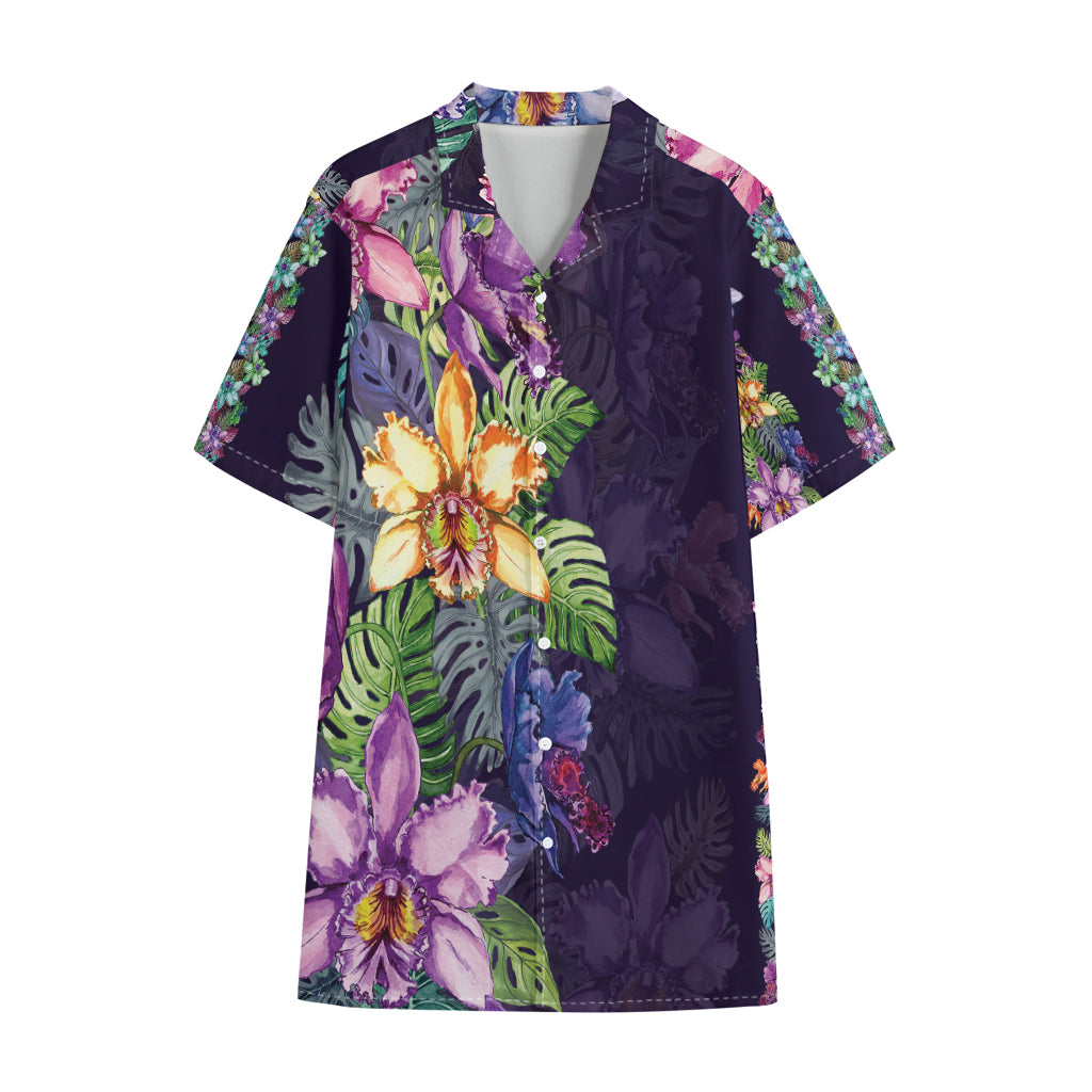 Colorful Watercolor Cattleya Print Cotton Hawaiian Shirt