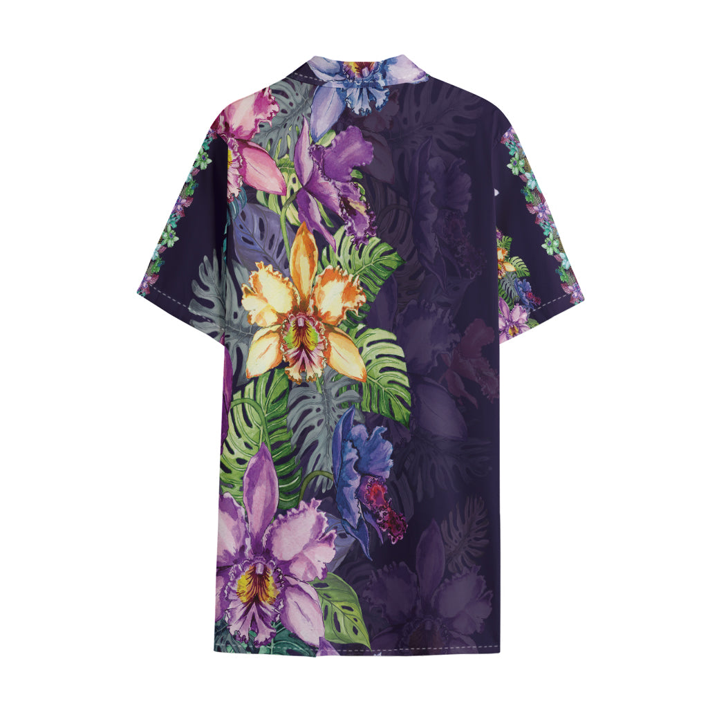 Colorful Watercolor Cattleya Print Cotton Hawaiian Shirt