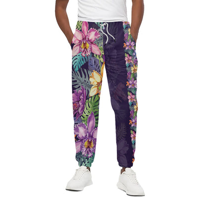 Colorful Watercolor Cattleya Print Cotton Pants
