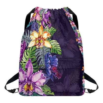 Colorful Watercolor Cattleya Print Drawstring Backpack