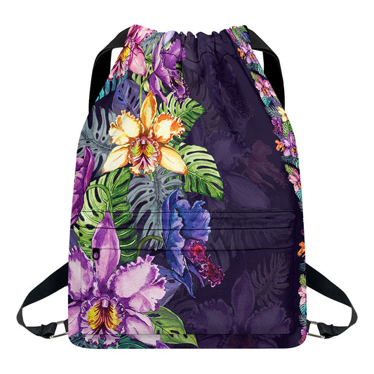 Colorful Watercolor Cattleya Print Drawstring Backpack