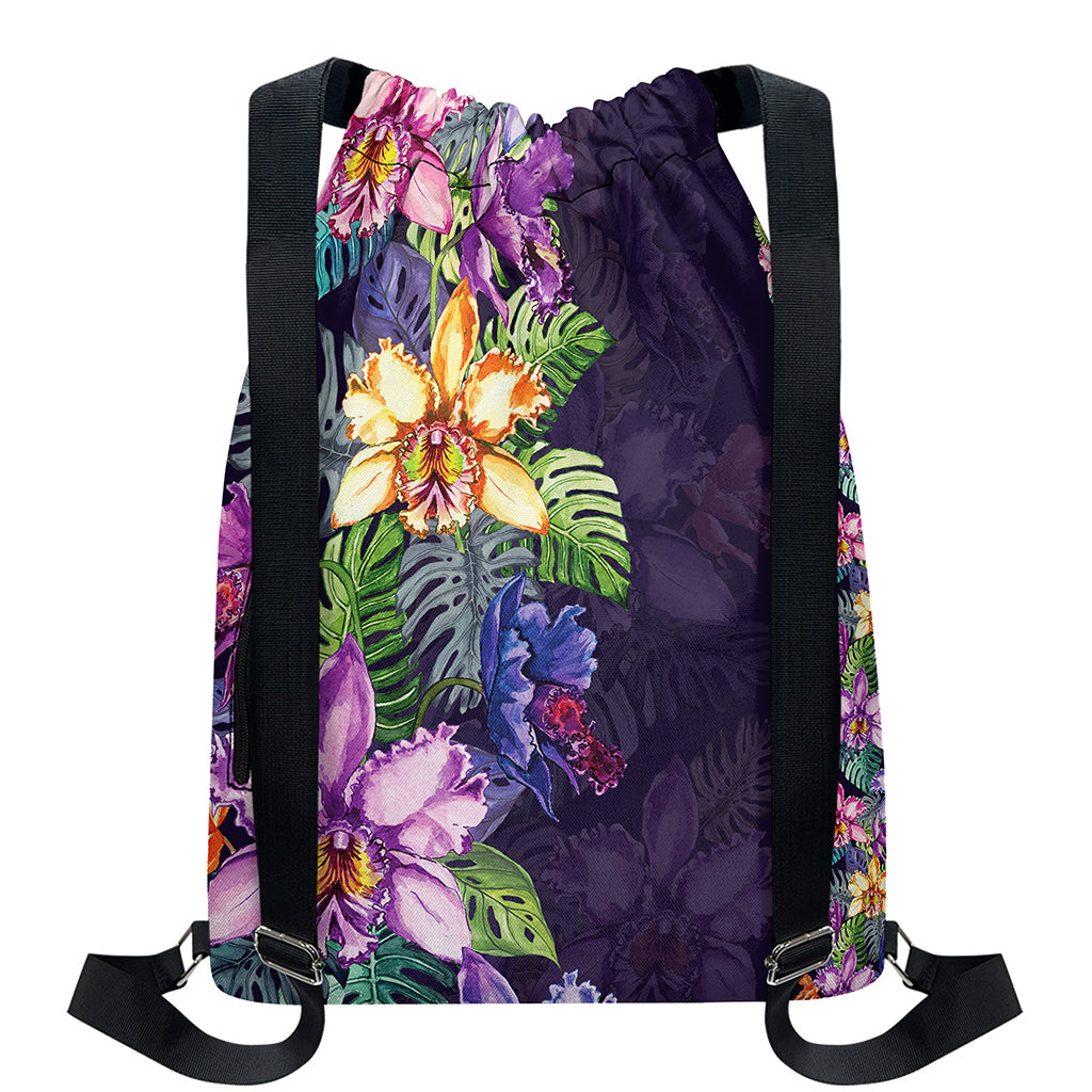 Colorful Watercolor Cattleya Print Drawstring Backpack