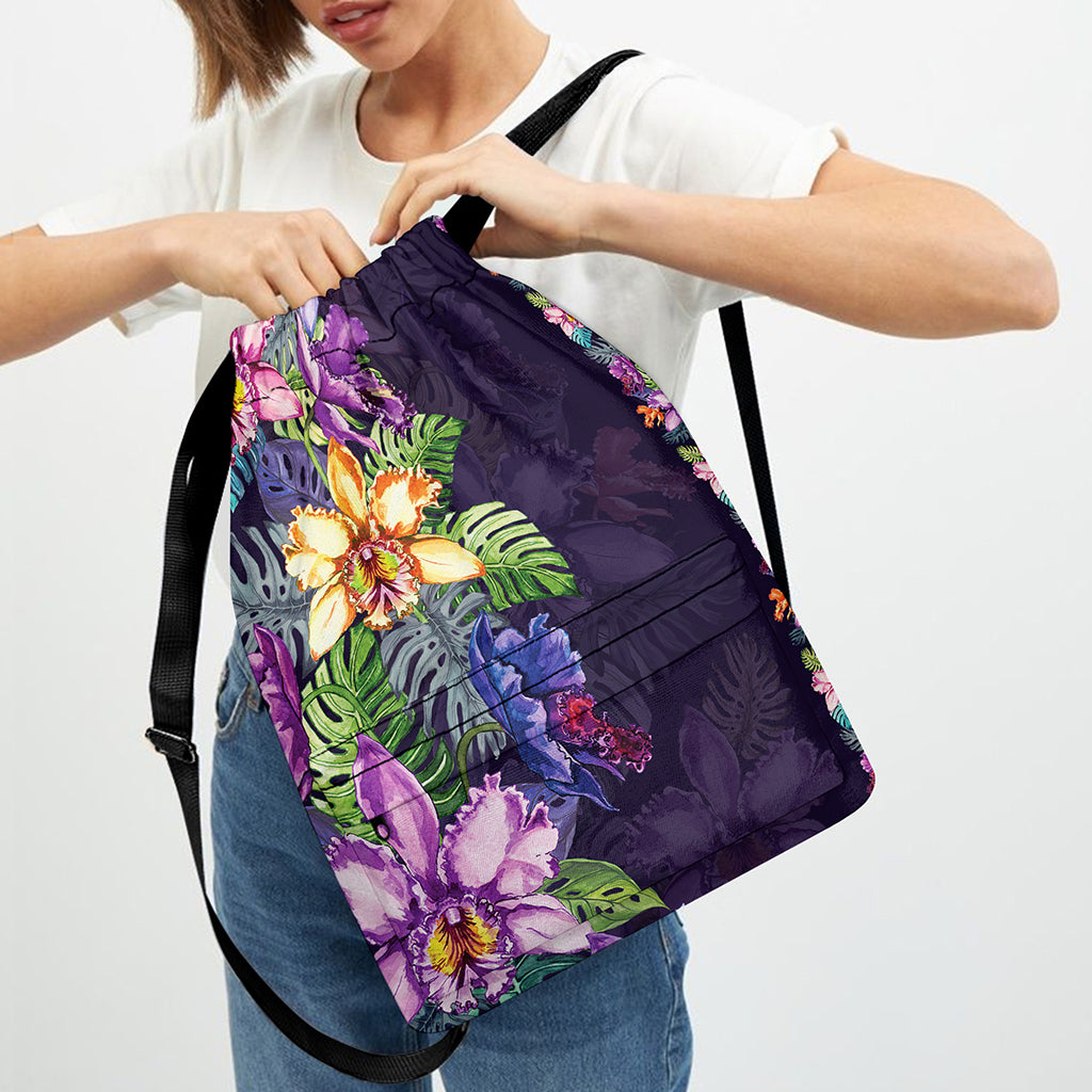 Colorful Watercolor Cattleya Print Drawstring Backpack