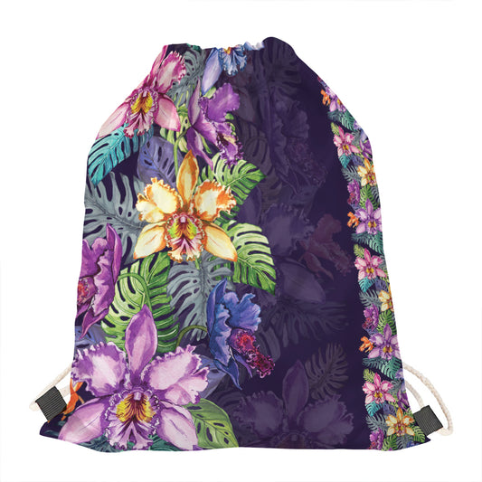 Colorful Watercolor Cattleya Print Drawstring Bag