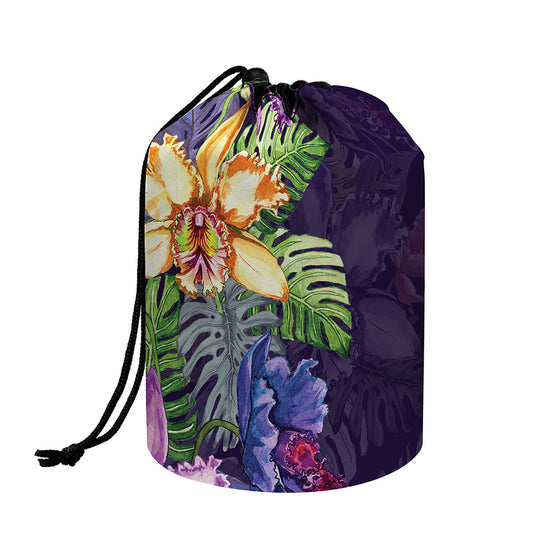 Colorful Watercolor Cattleya Print Drawstring Makeup Bag