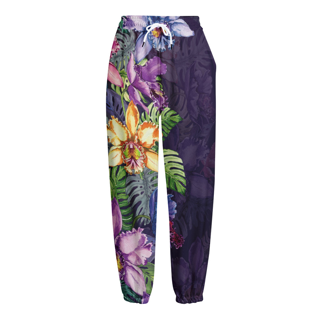 Colorful Watercolor Cattleya Print Fleece Lined Knit Pants