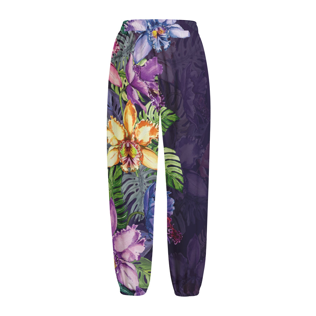 Colorful Watercolor Cattleya Print Fleece Lined Knit Pants