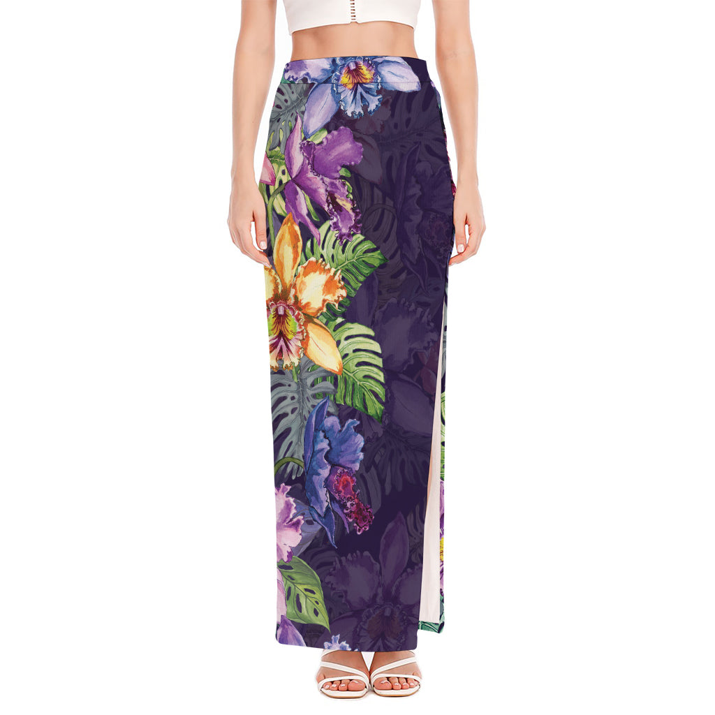 Colorful Watercolor Cattleya Print High Slit Maxi Skirt