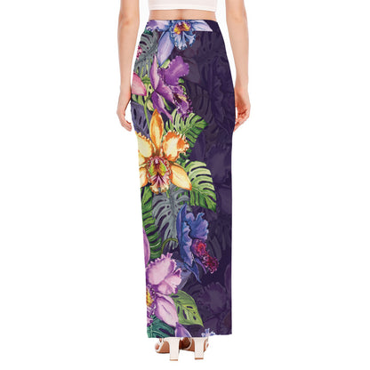 Colorful Watercolor Cattleya Print High Slit Maxi Skirt
