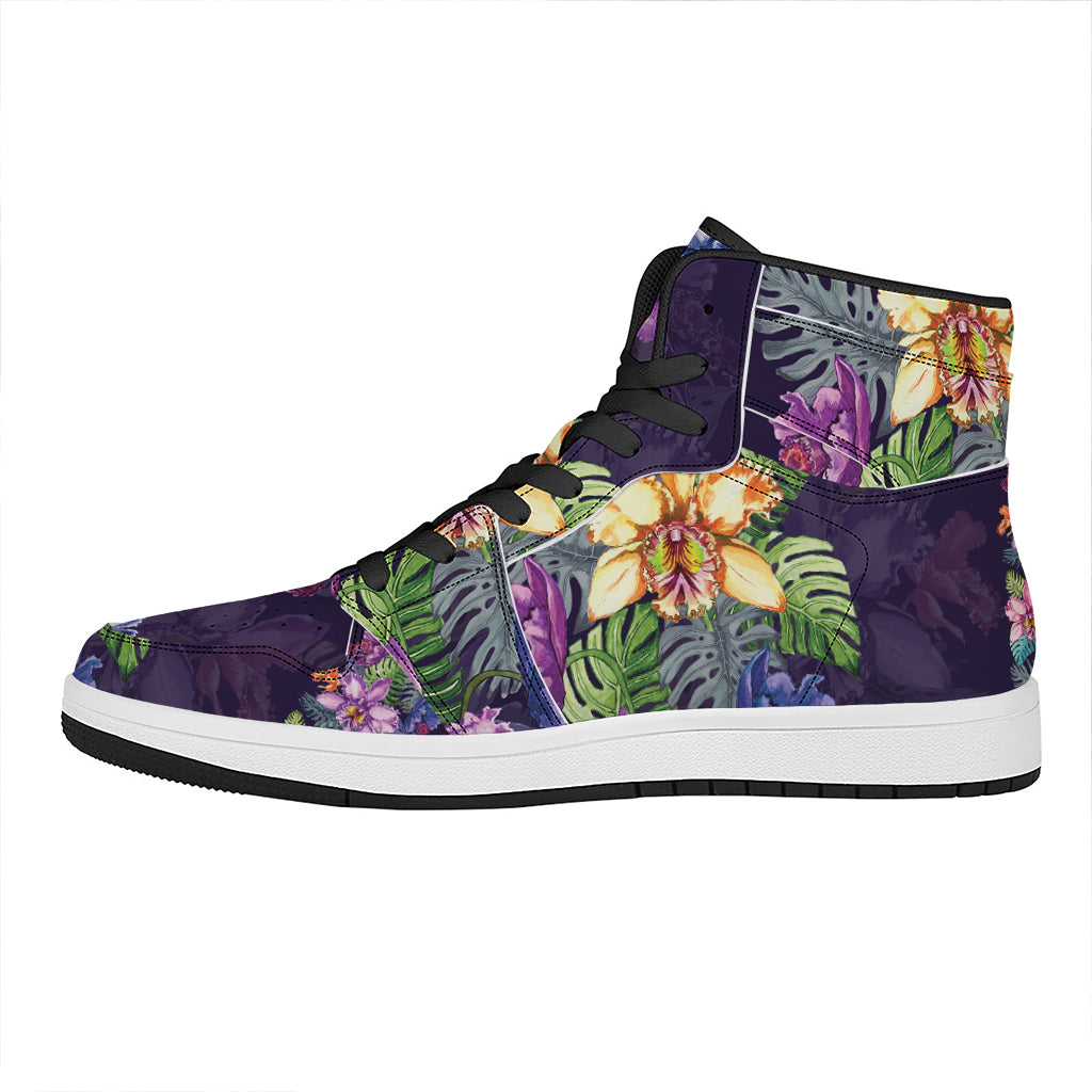 Colorful Watercolor Cattleya Print High Top Leather Sneakers