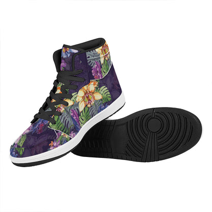 Colorful Watercolor Cattleya Print High Top Leather Sneakers