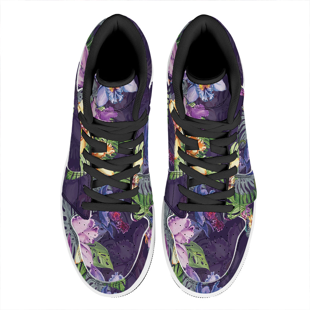 Colorful Watercolor Cattleya Print High Top Leather Sneakers