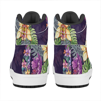 Colorful Watercolor Cattleya Print High Top Leather Sneakers