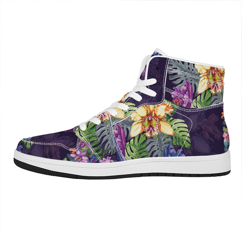 Colorful Watercolor Cattleya Print High Top Leather Sneakers