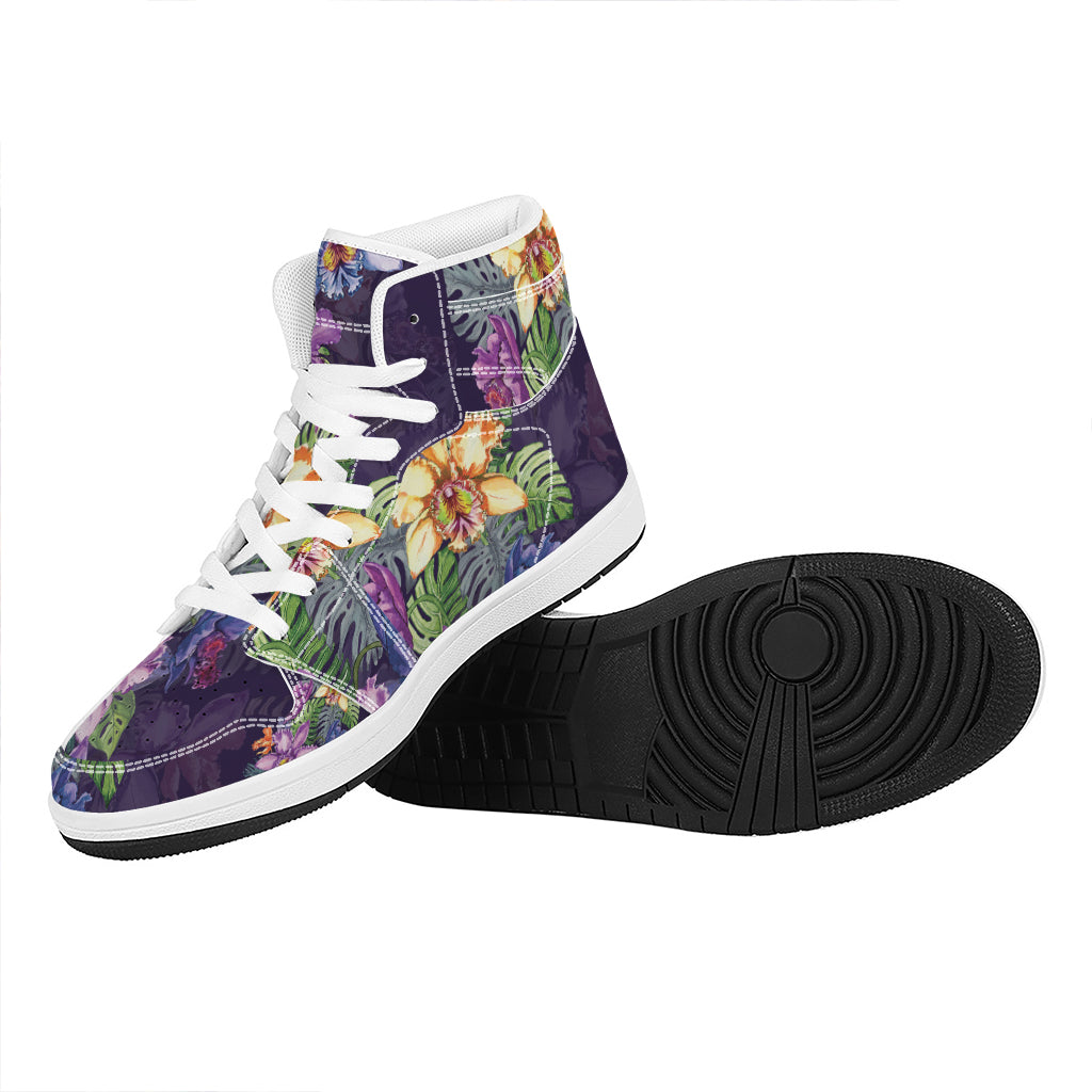Colorful Watercolor Cattleya Print High Top Leather Sneakers