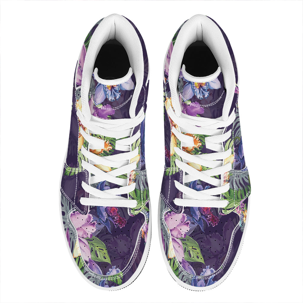 Colorful Watercolor Cattleya Print High Top Leather Sneakers
